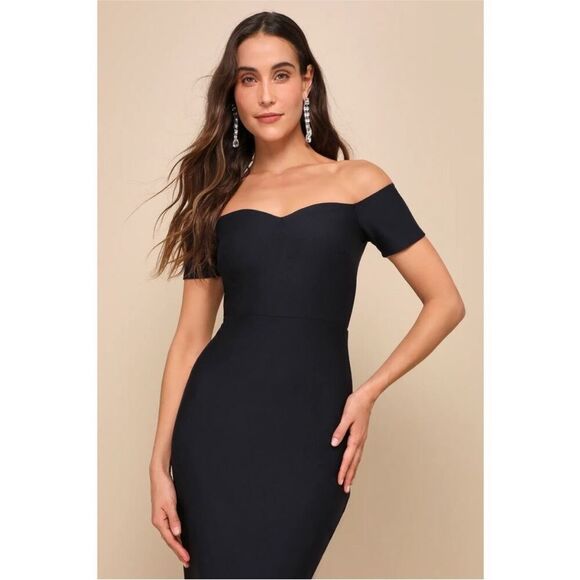 Lulus How Much I Care Black Off-the-Shoulder Midi Trumpet Dress Size Small NEW - Picture 6 of 16